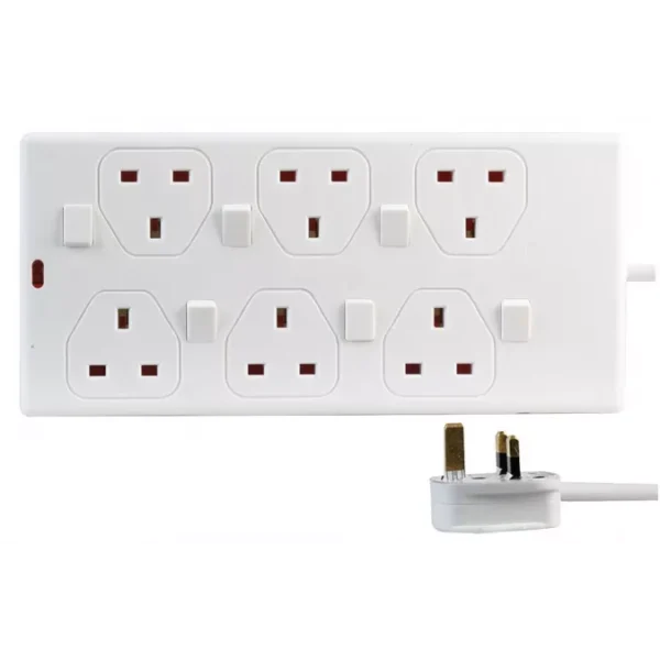6 Way Individually Switched Mains Power Extension Lead, 1m, White